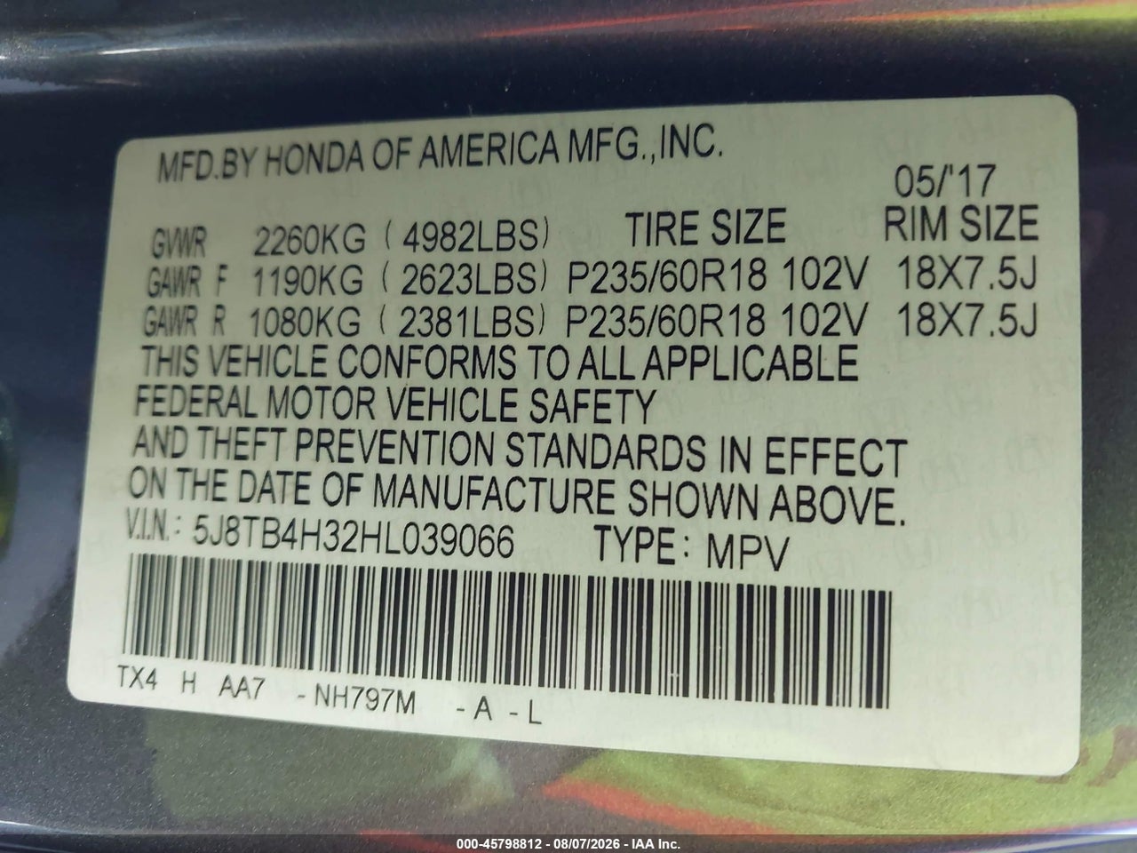 5J8TB4H32HL****** · 2017 ACURA RDX ACURAWATCH PLUS PACKAGE · 9/11