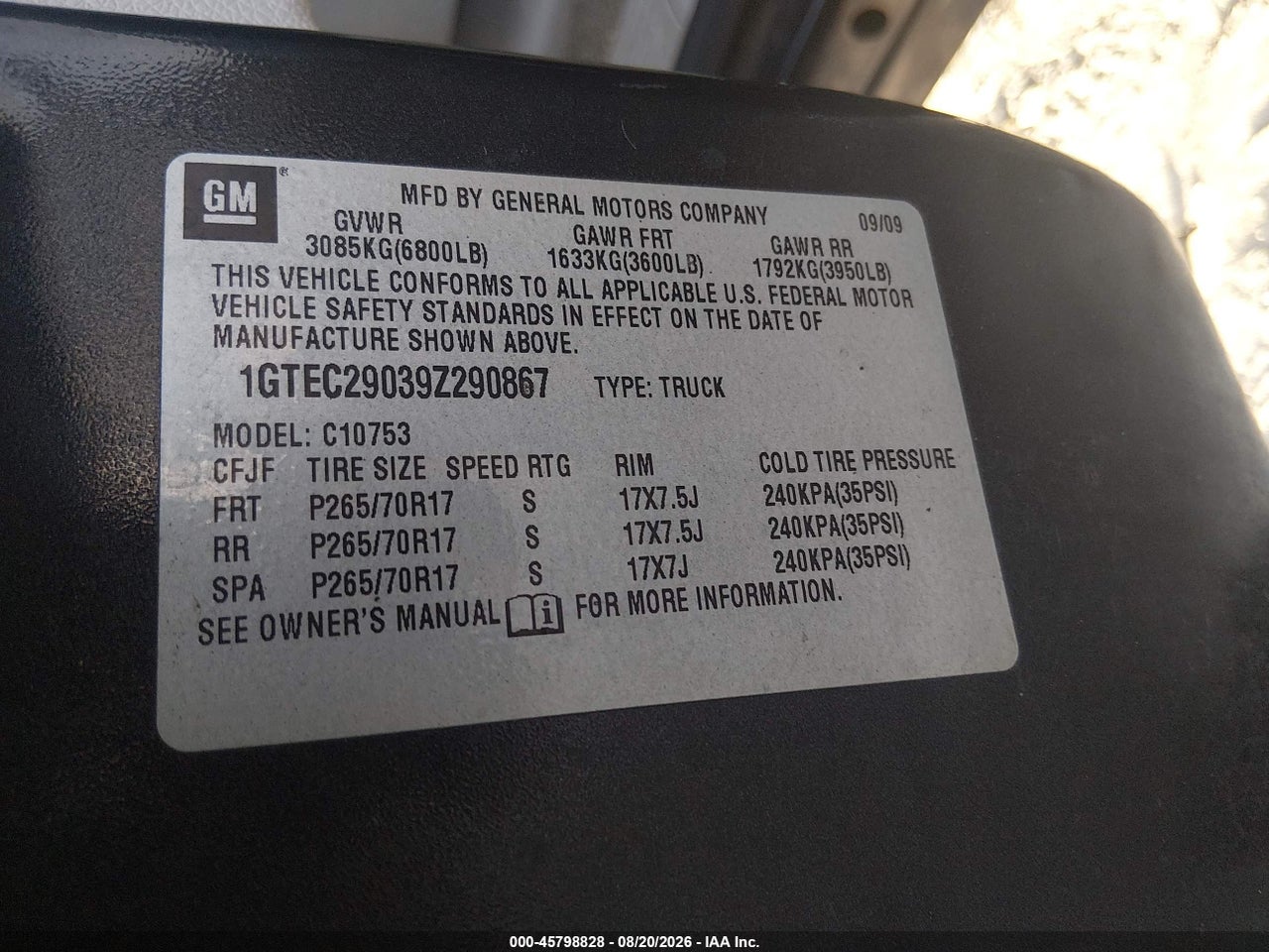 1GTEC29039Z****** · 2009 GMC SIERRA 1500 SLE · 9/11