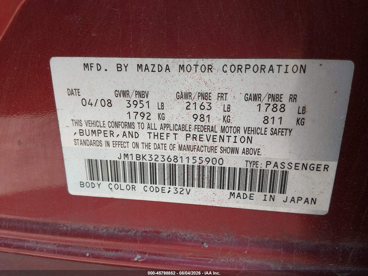 JM1BK323681****** · 2008 MAZDA MAZDA3 S SPORT · 9/11