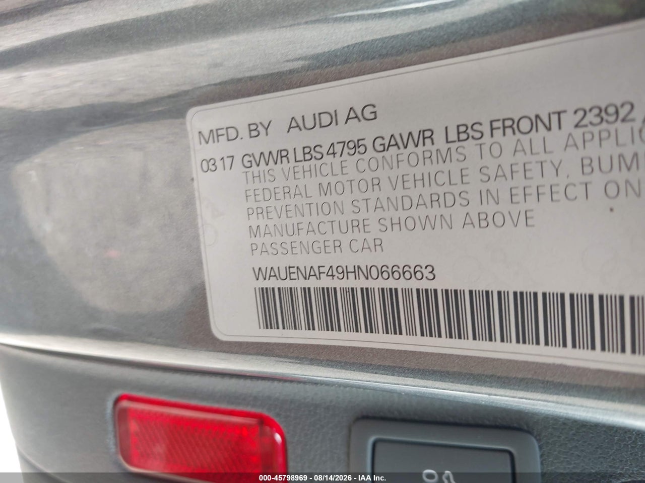 WAUENAF49HN****** · 2017 AUDI A4 PREMIUM PLUS · 9/11