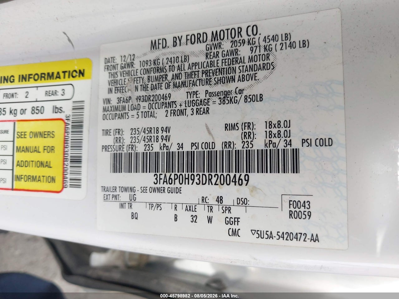3FA6P0H93DR****** · 2013 FORD FUSION SE · 9/11