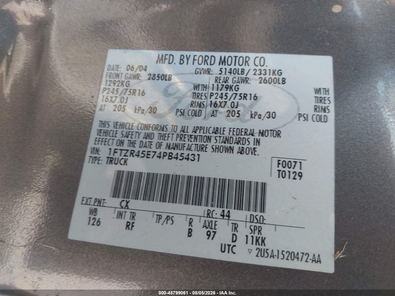 1FTZR45E74P****** · 2004 FORD RANGER · 9/11