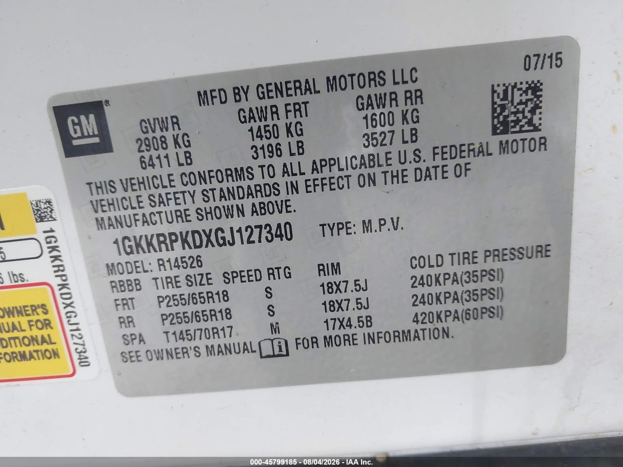 1GKKRPKDXGJ****** · 2016 GMC ACADIA SLE-2 · 9/11