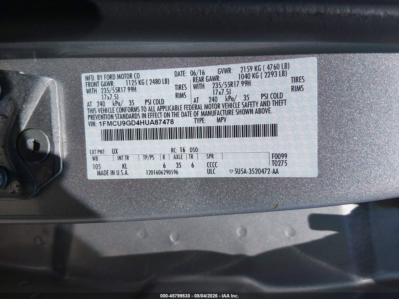 1FMCU9GD4HU****** · 2017 FORD ESCAPE SE · 9/11