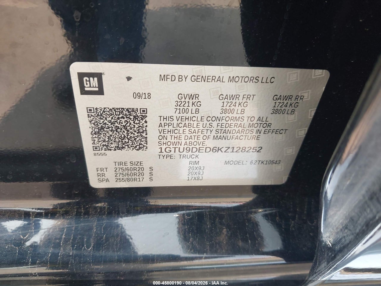 1GTU9DED6KZ****** · 2019 GMC SIERRA 1500 SLT · 9/11
