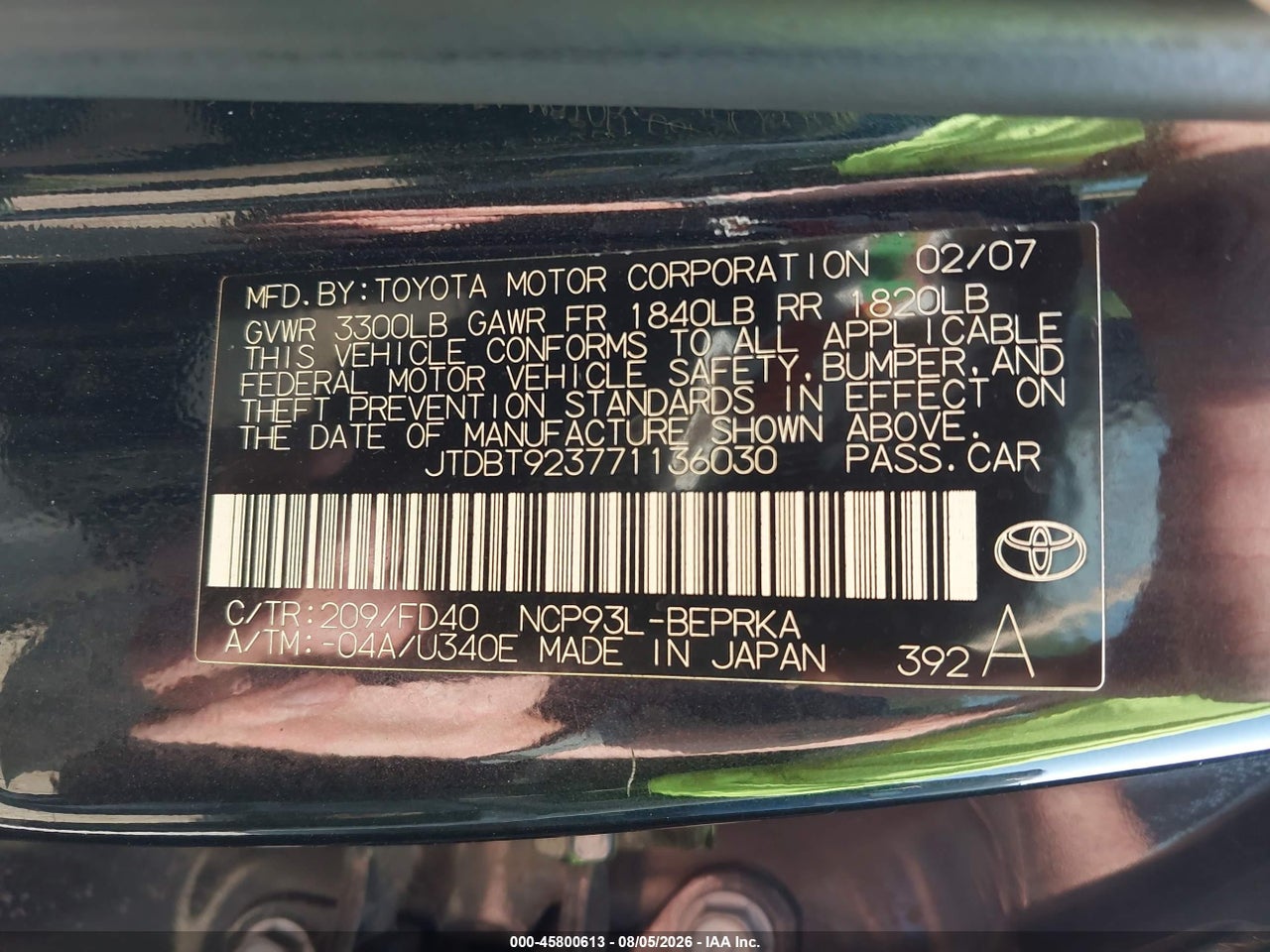 JTDBT923771****** · 2007 TOYOTA YARIS   · 9/11