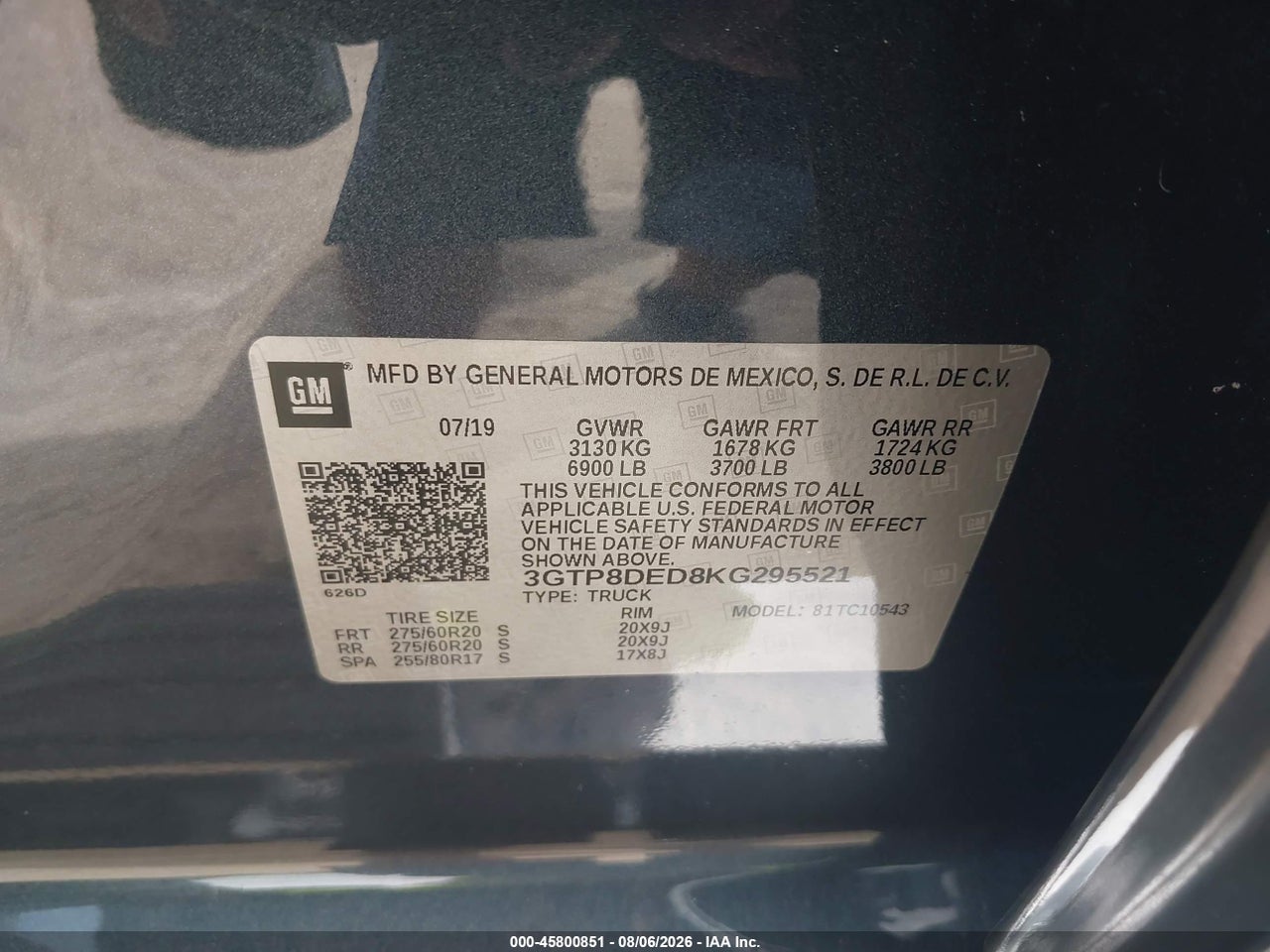 3GTP8DED8KG****** · 2019 GMC SIERRA 1500 SLT · 9/11