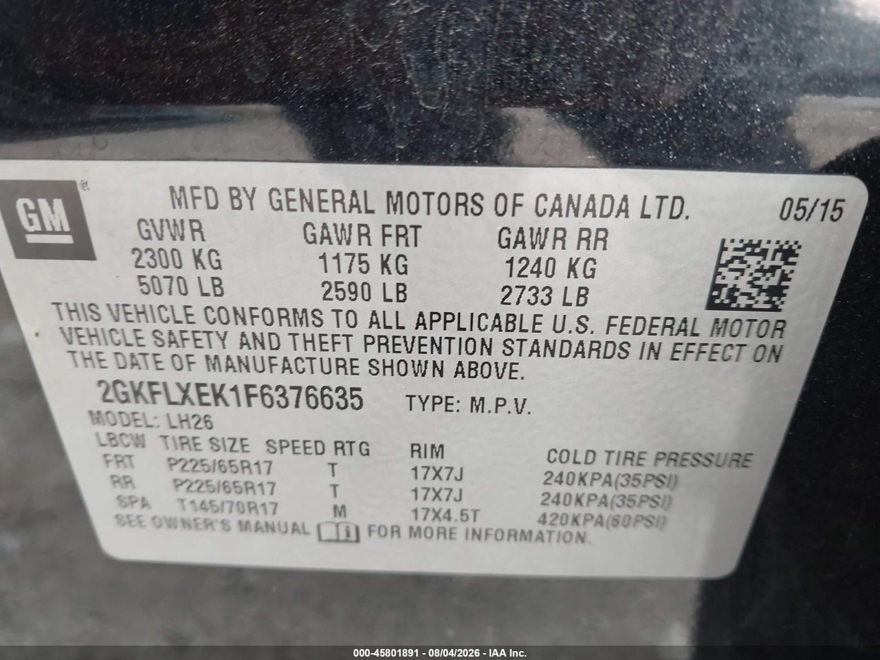 2GKFLXEK1F6****** · 2015 GMC TERRAIN SLT-1 · 9/11