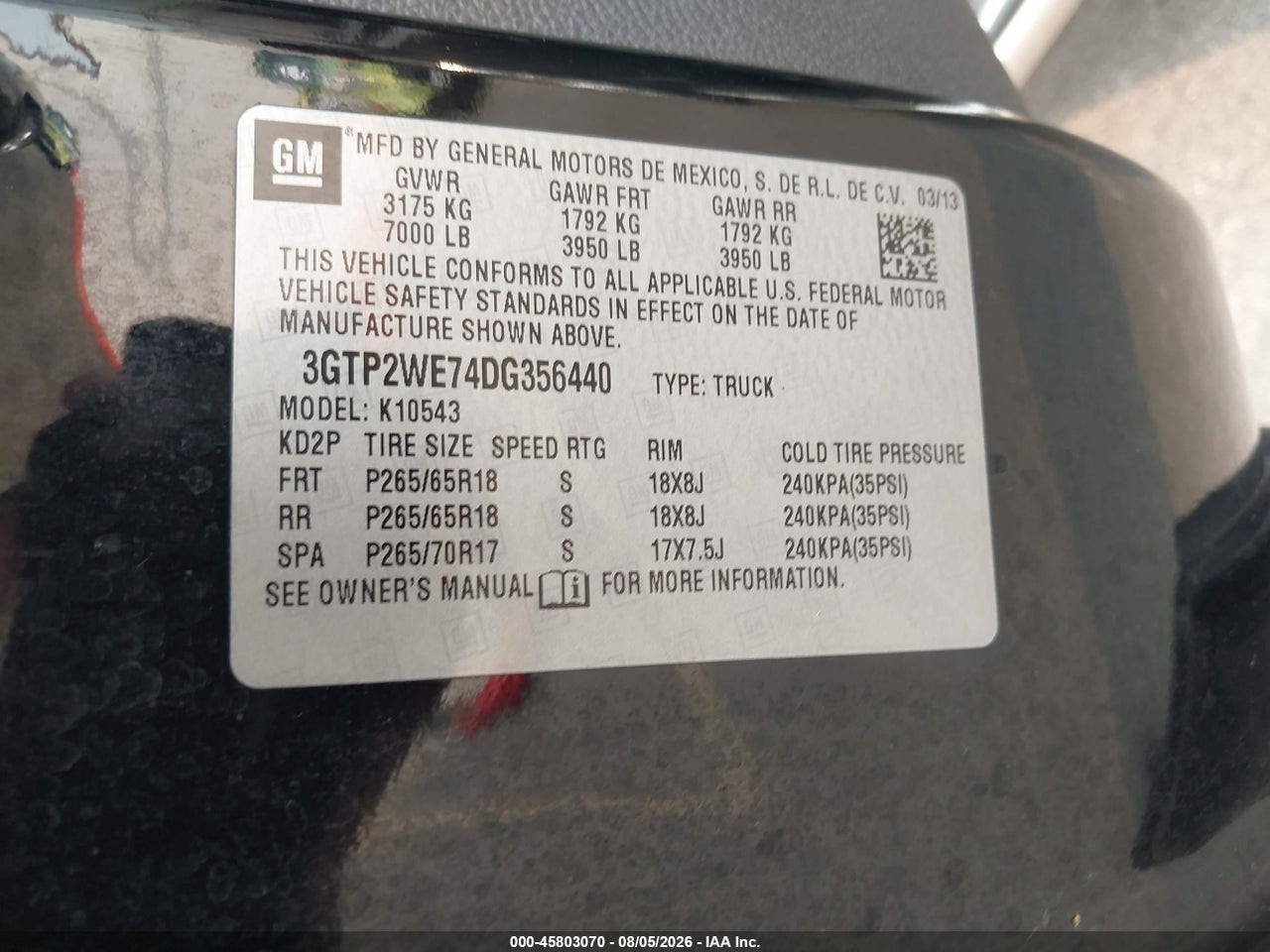 3GTP2WE74DG****** · 2013 GMC SIERRA 1500 SLT · 9/11