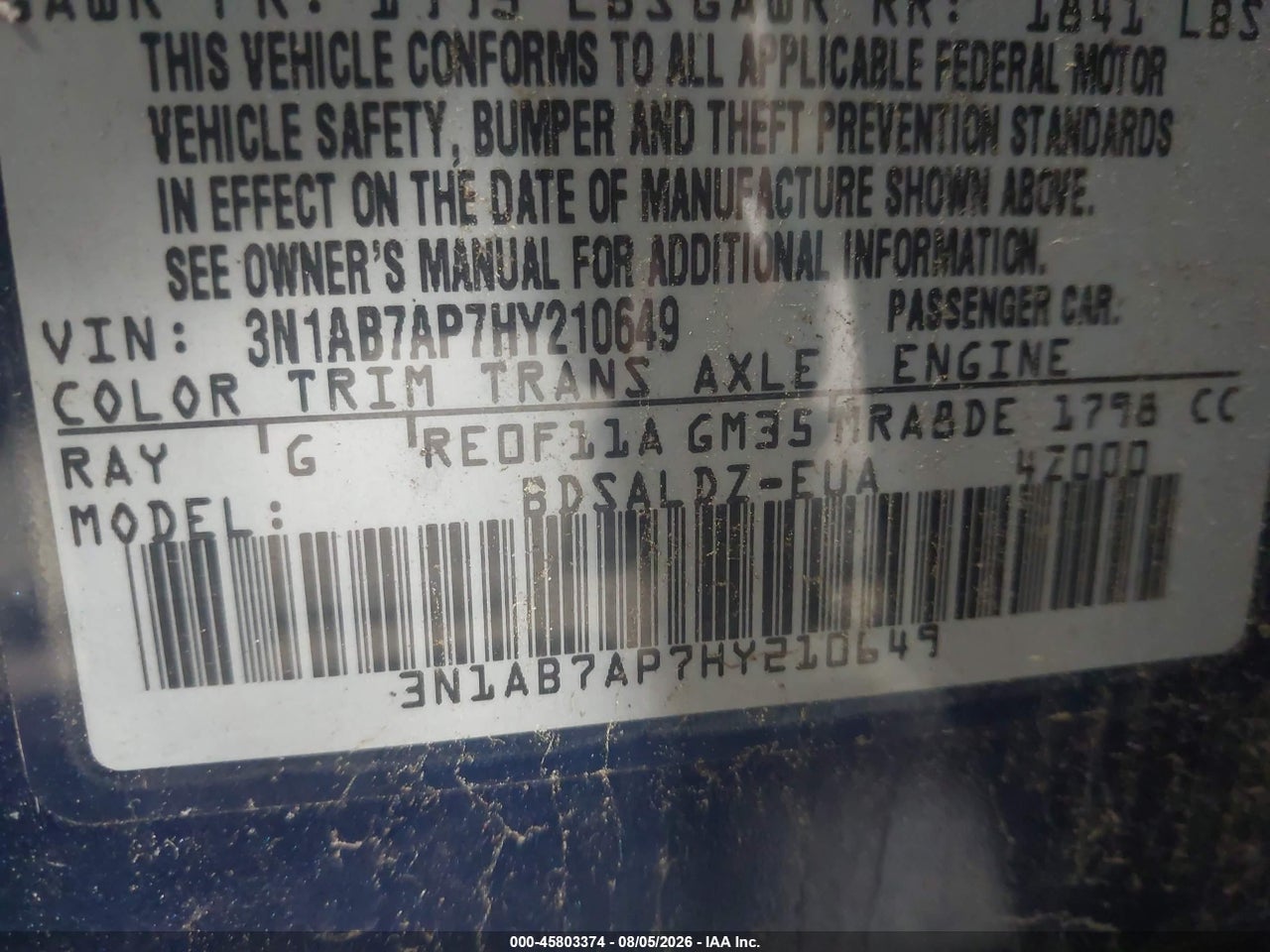3N1AB7AP7HY****** · 2017 NISSAN SENTRA SV · 9/10