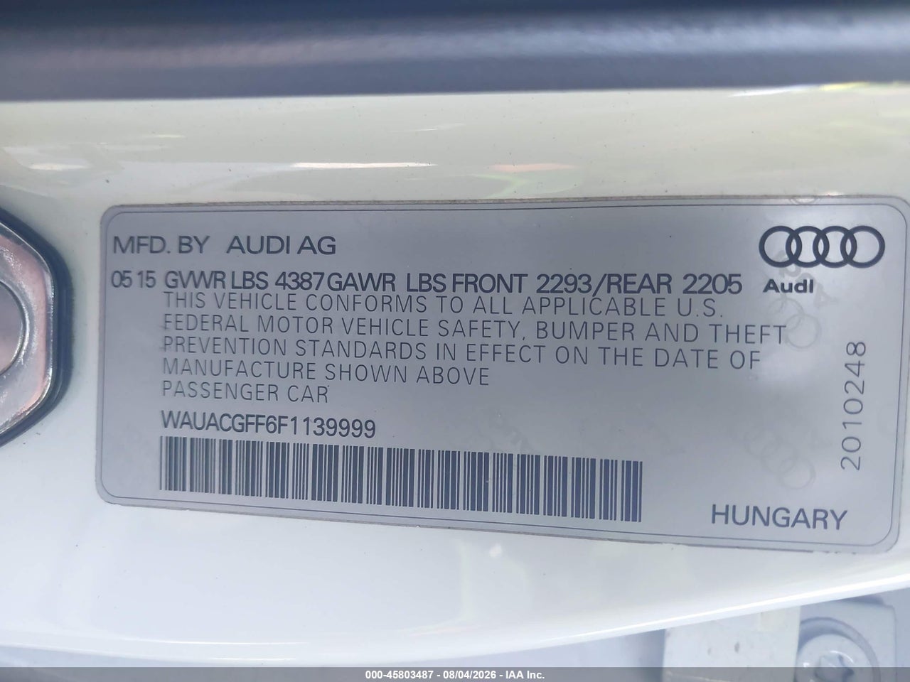 WAUACGFF6F1****** · 2015 AUDI A3 1.8T PREMIUM · 9/11