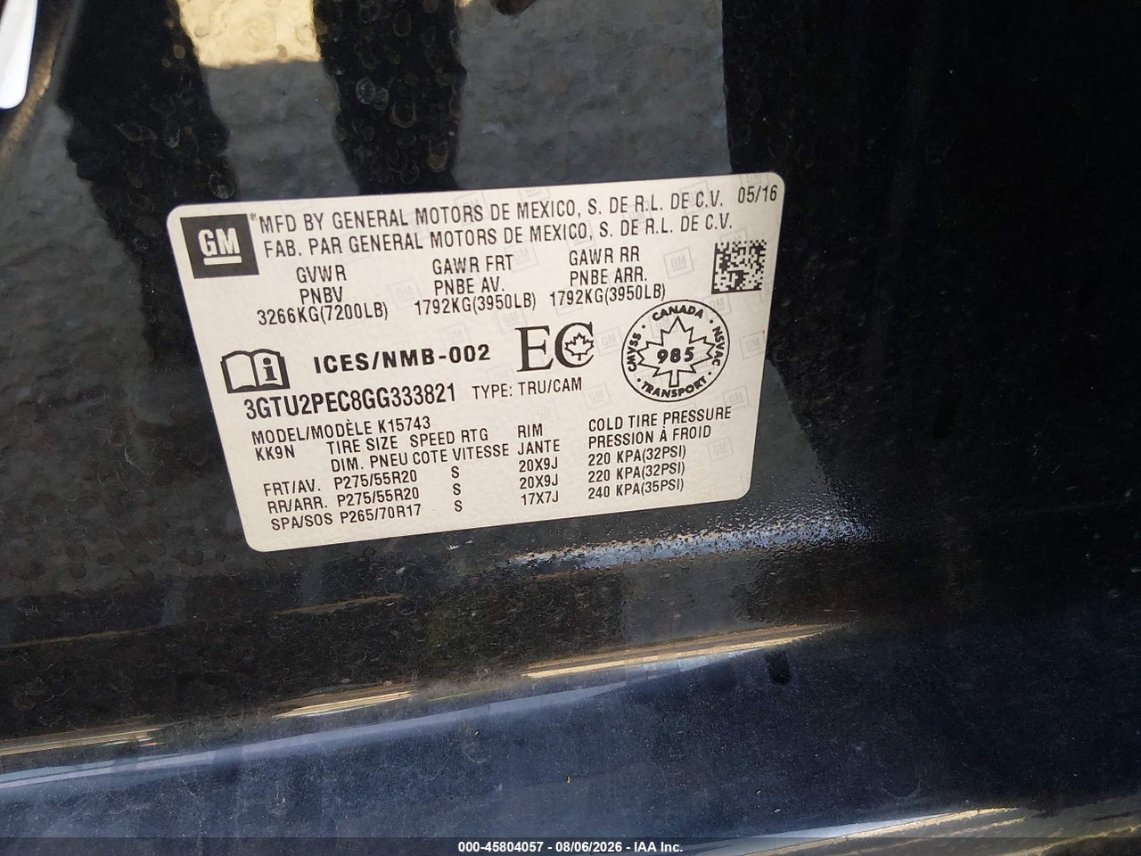3GTU2PEC8GG****** · 2016 GMC SIERRA 1500 DENALI · 9/11