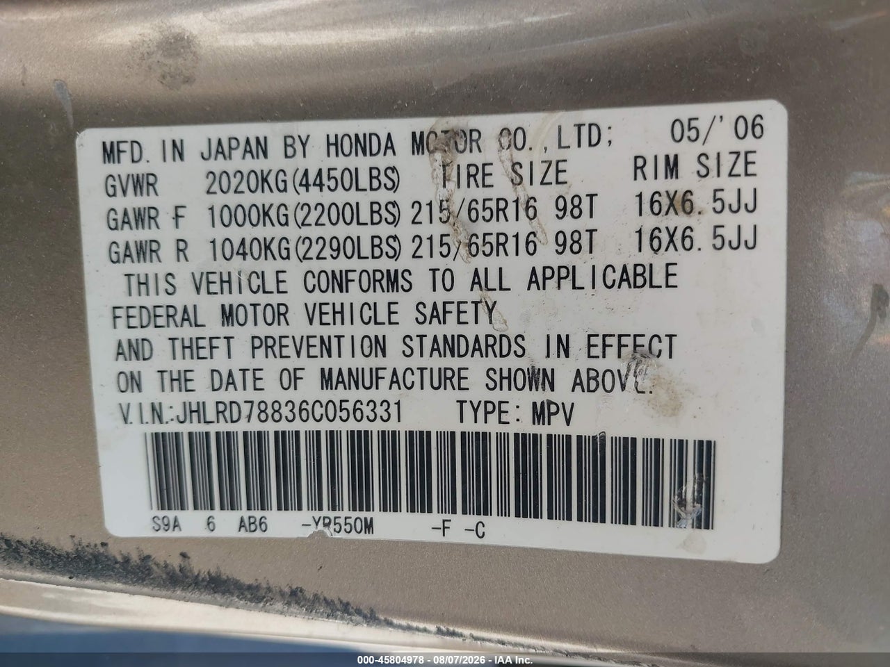 JHLRD78836C****** · 2006 HONDA CR-V EX · 9/11