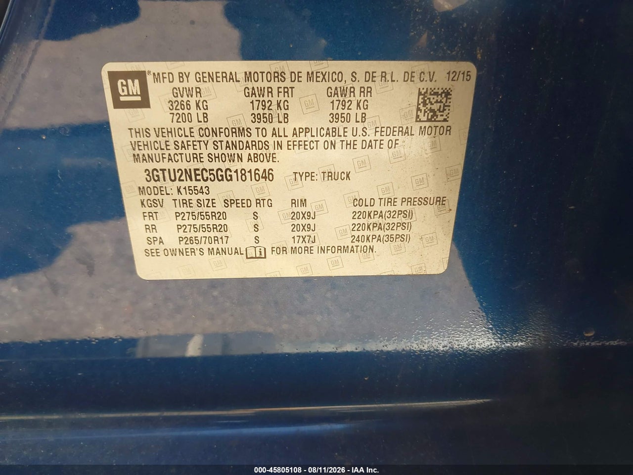 3GTU2NEC5GG****** · 2016 GMC SIERRA 1500 SLT · 9/11