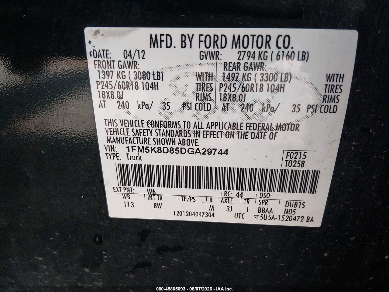 1FM5K8D85DG****** · 2013 FORD EXPLORER XLT · 9/11