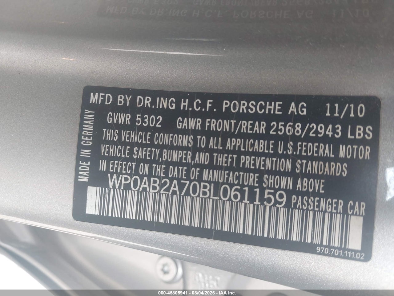 WP0AB2A70BL****** · 2011 PORSCHE PANAMERA S · 9/11