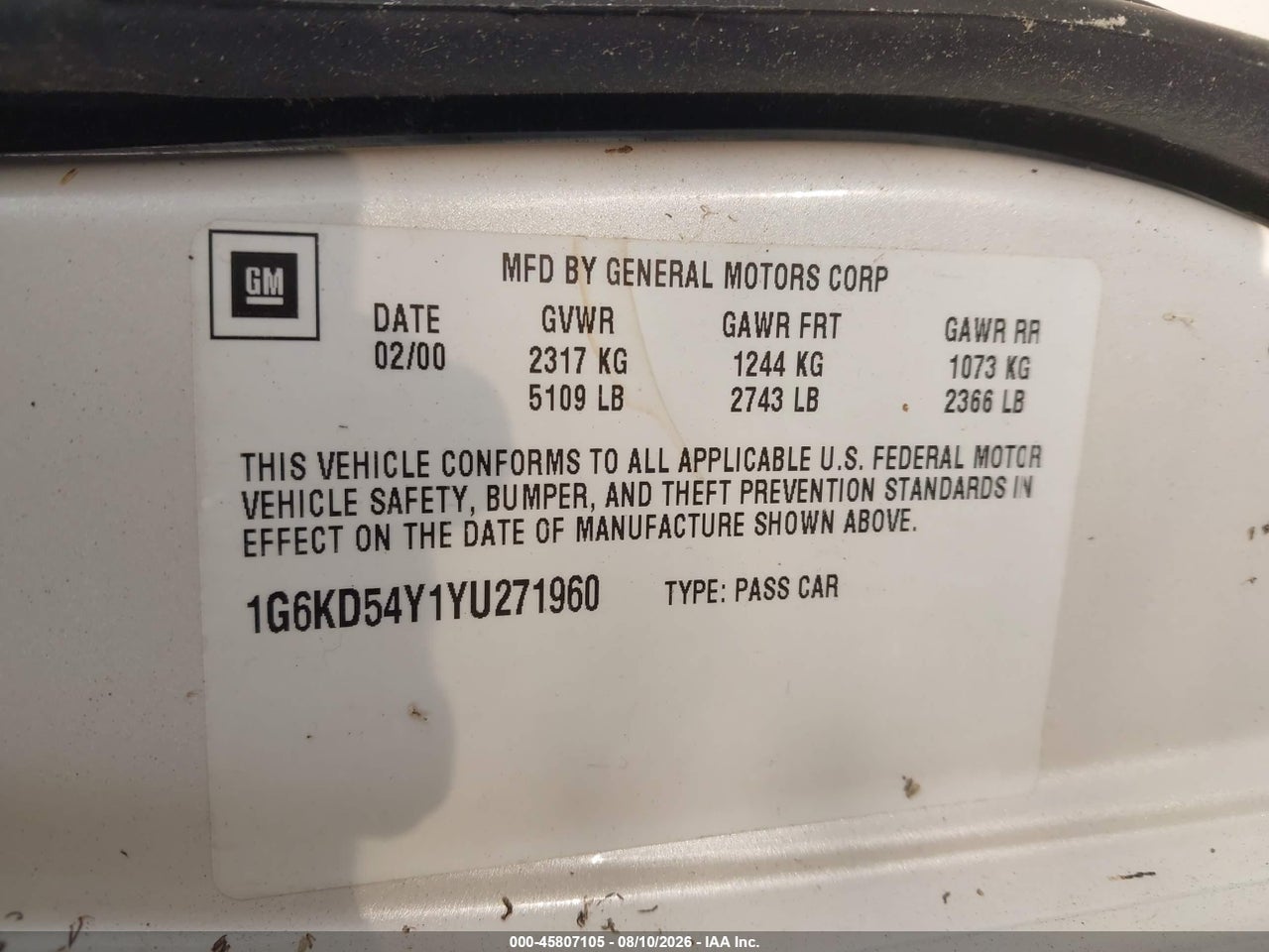 1G6KD54Y1YU****** · 2000 CADILLAC DEVILLE STANDARD · 9/11