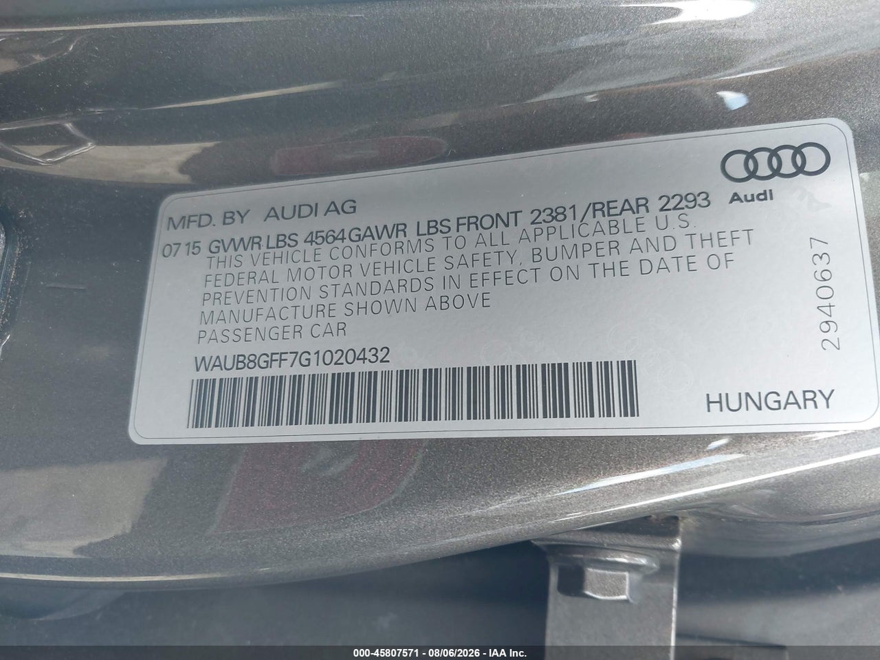 WAUB8GFF7G1****** · 2016 AUDI A3 2.0T PREMIUM · 9/11