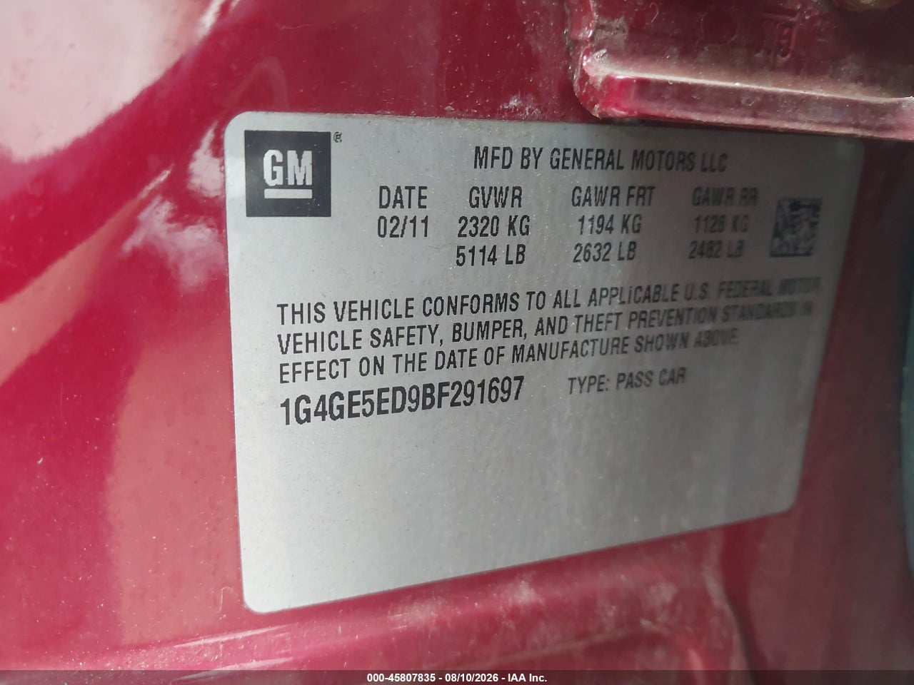 1G4GE5ED9BF****** · 2011 BUICK LACROSSE CXS · 9/11