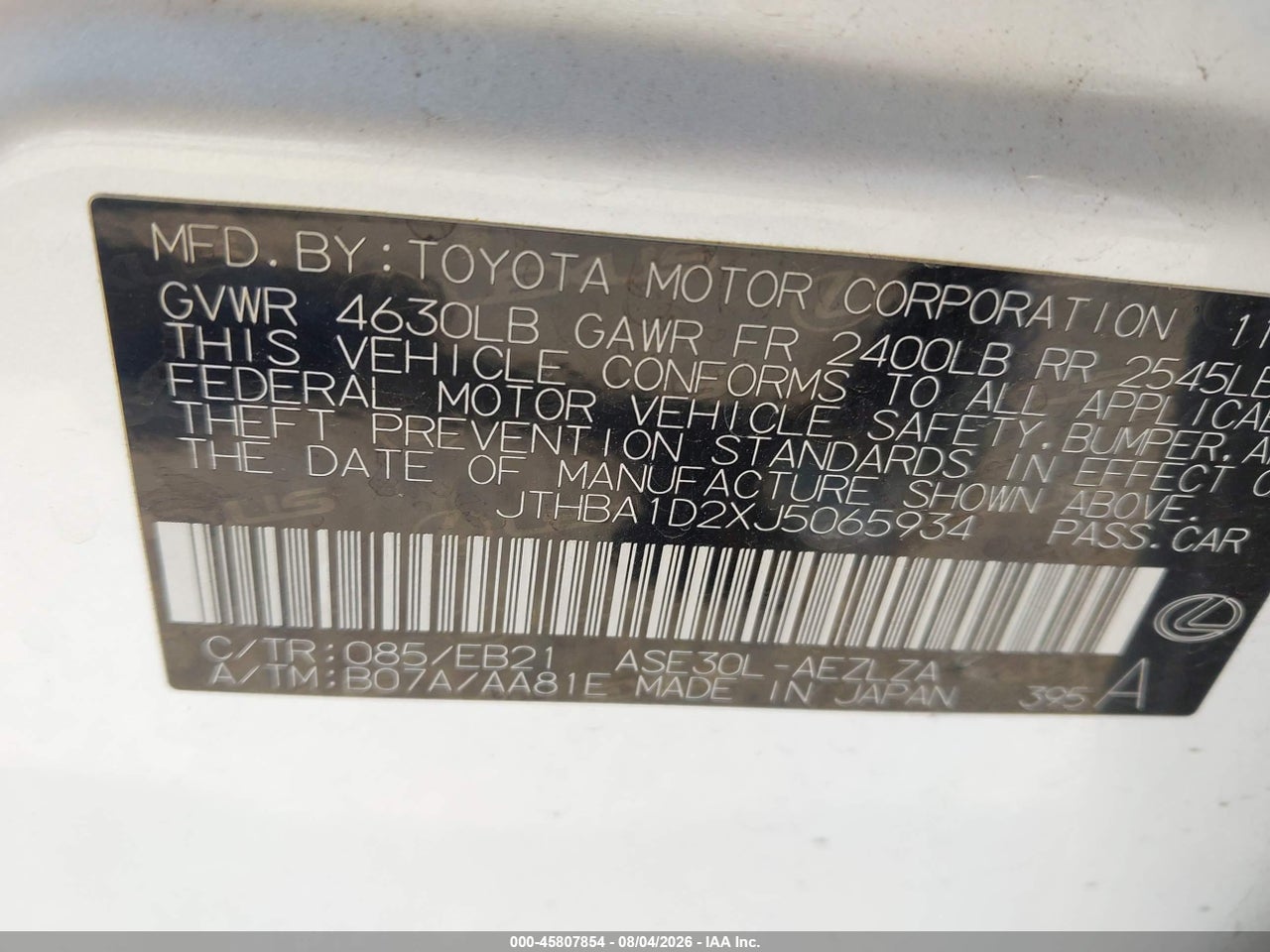 JTHBA1D2XJ5****** · 2018 LEXUS IS 300   · 9/11