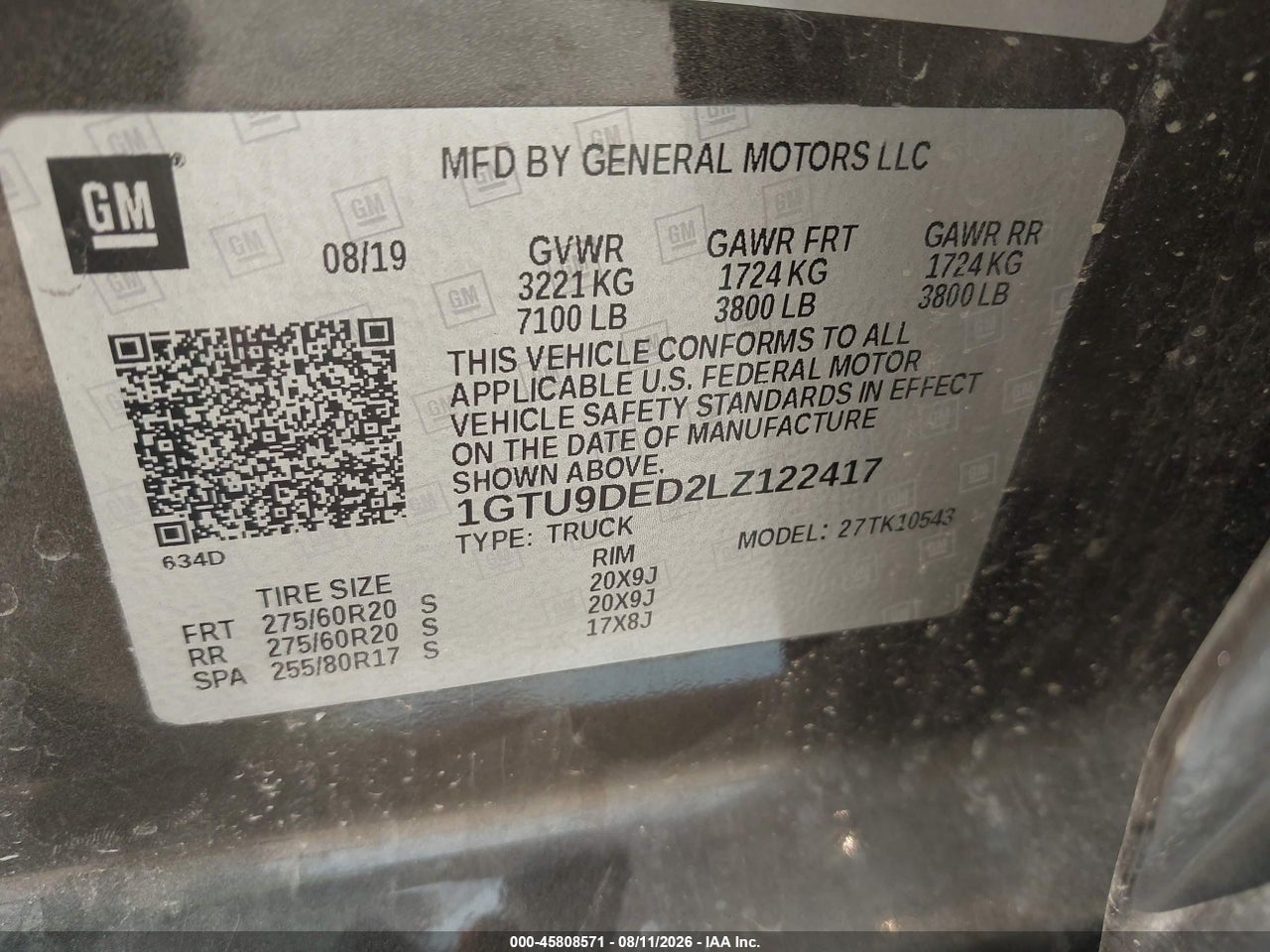 1GTU9DED2LZ****** · 2020 GMC SIERRA 1500 4WD  SHORT BOX SLT · 9/11