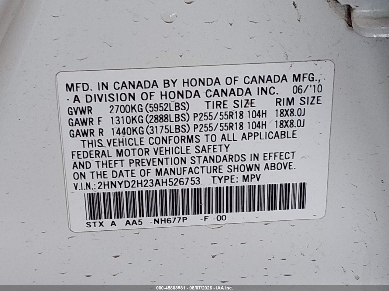 2HNYD2H23AH****** · 2010 ACURA MDX · 9/11