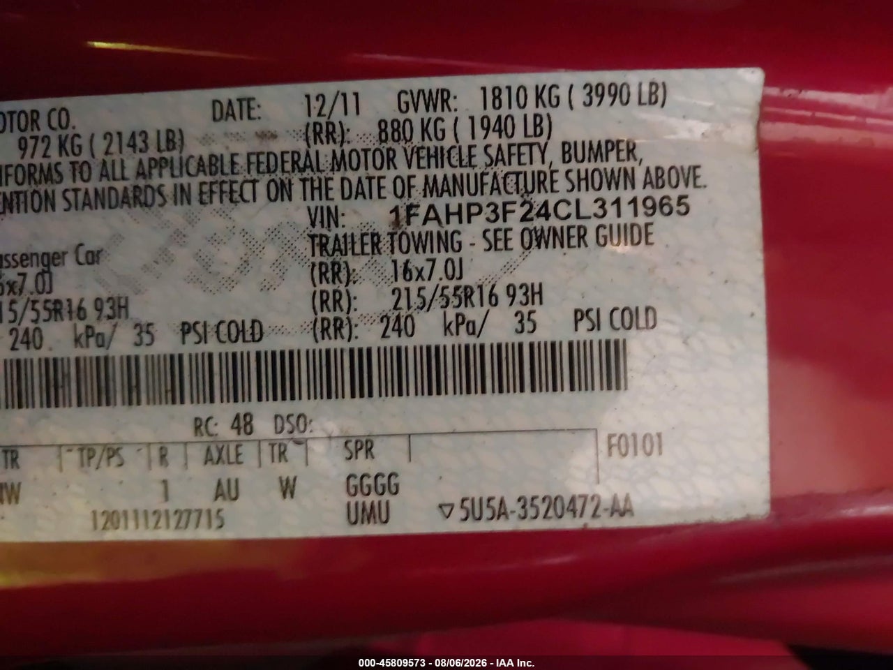 1FAHP3F24CL****** · 2012 FORD FOCUS SE · 9/11