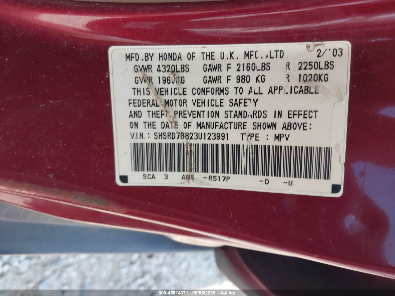 SHSRD78823U****** · 2003 HONDA CR-V EX · 9/11