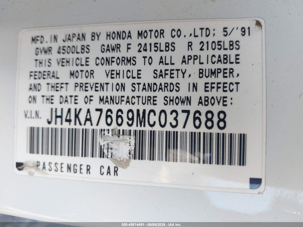 JH4KA7669MC****** · 1991 ACURA LEGEND L · 9/11