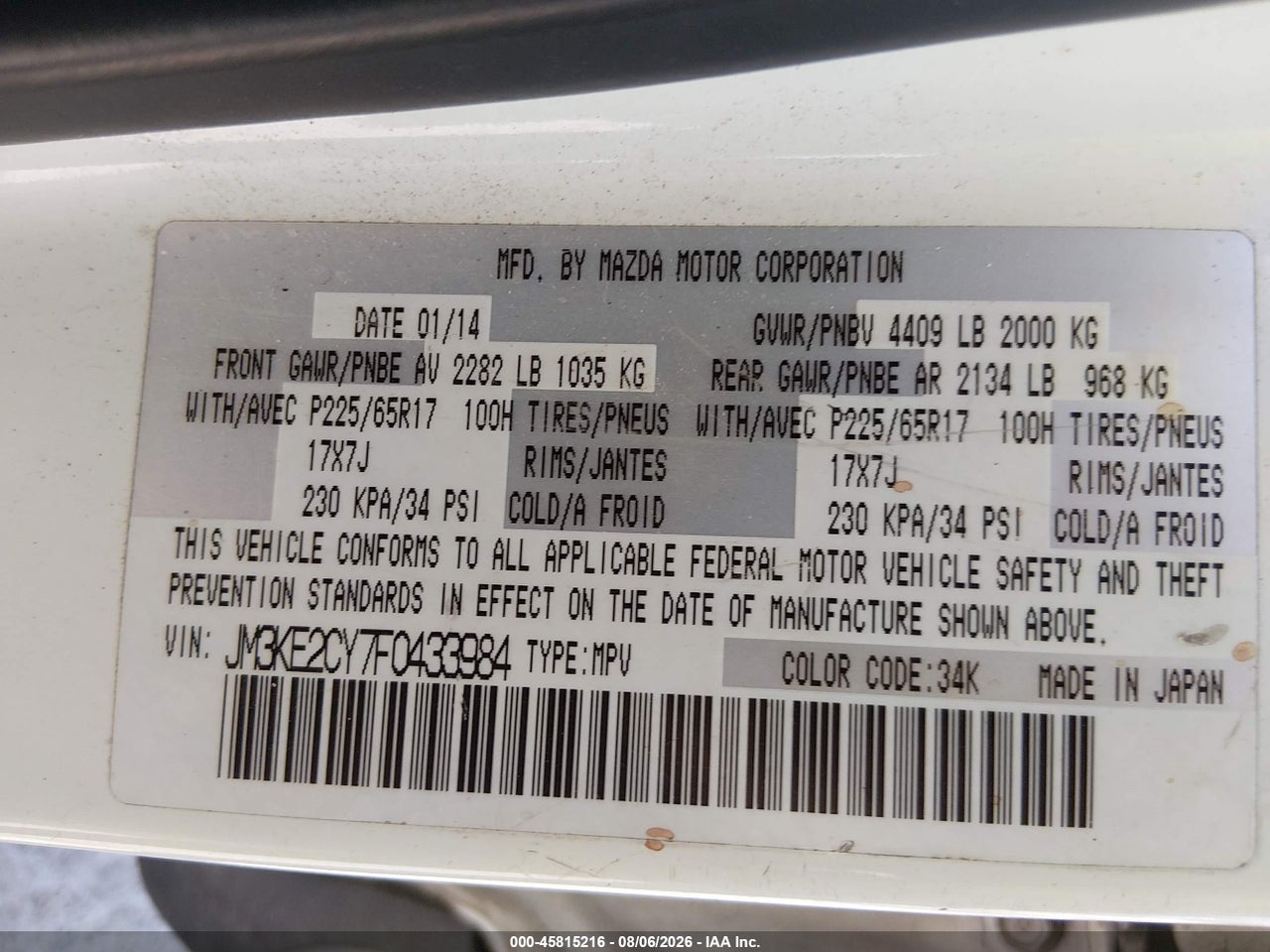 JM3KE2CY7F0****** · 2015 MAZDA CX-5 TOURING · 9/11