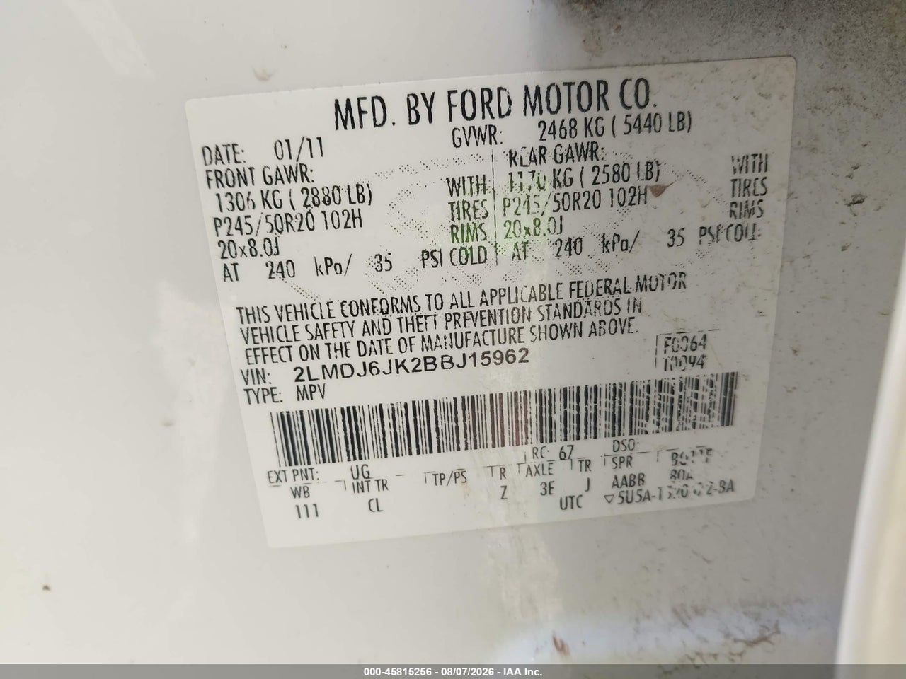2LMDJ6JK2BB****** · 2011 LINCOLN MKX   · 9/11