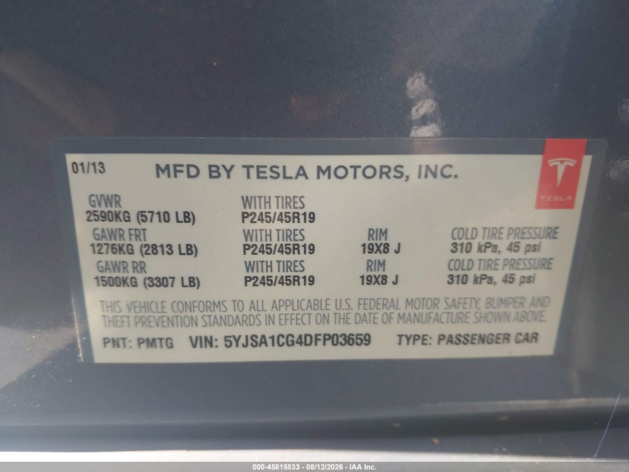 5YJSA1CG4DF****** · 2013 TESLA MODEL S · 9/11