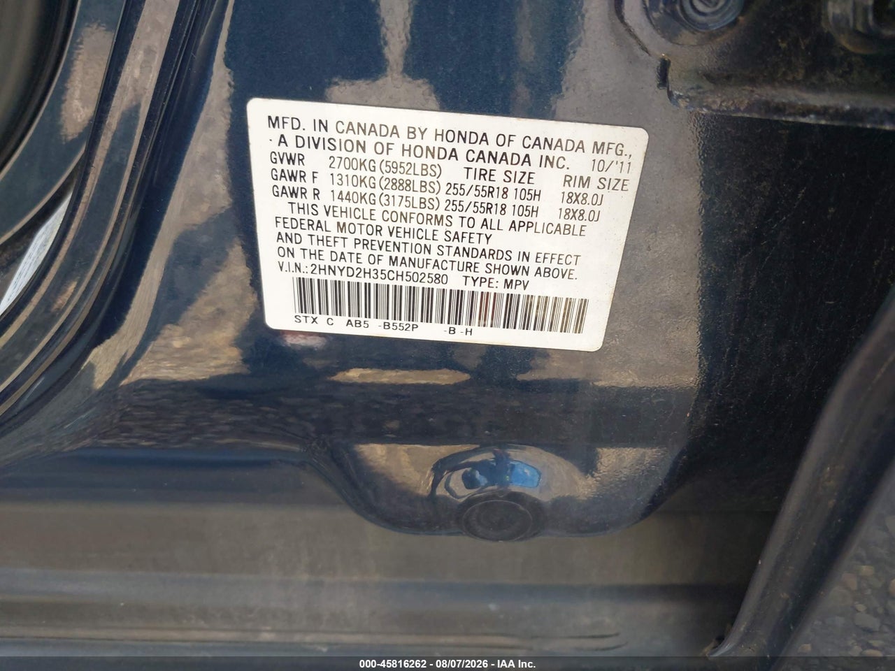 2HNYD2H35CH****** · 2012 ACURA MDX TECHNOLOGY PACKAGE · 9/11