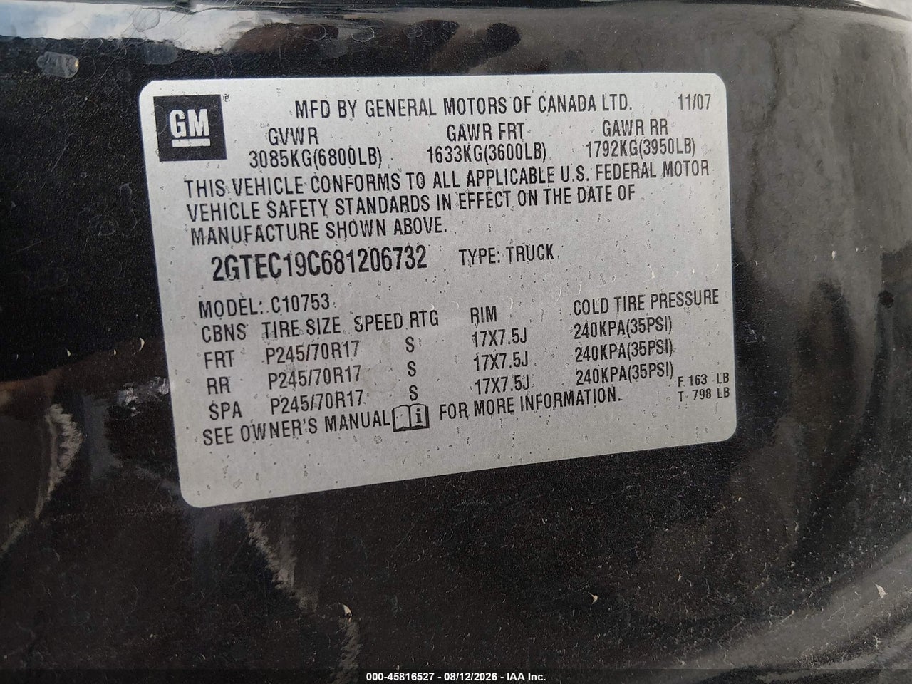 2GTEC19C681****** · 2008 GMC SIERRA 1500 WORK TRUCK · 9/11