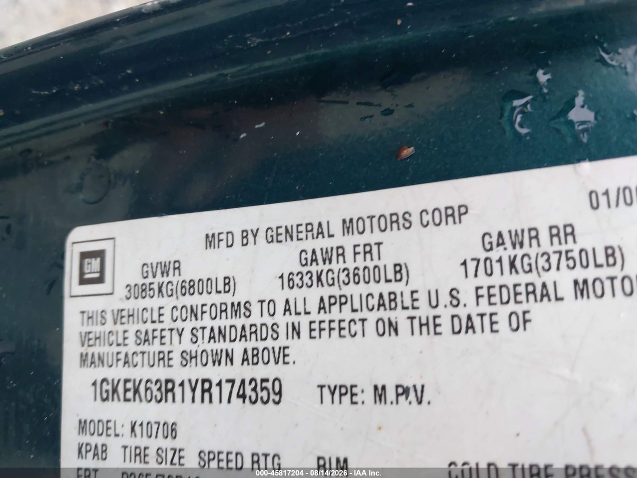 1GKEK63R1YR****** · 2000 GMC YUKON DENALI · 9/11