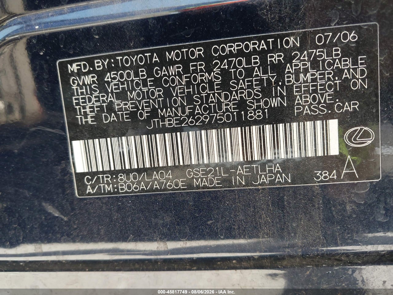 JTHBE262975****** · 2007 LEXUS IS 350   · 9/11