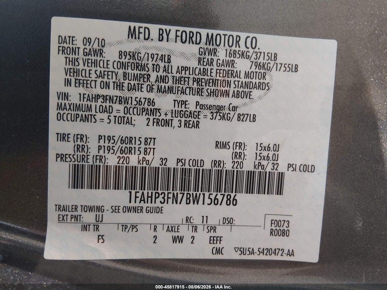 1FAHP3FN7BW****** · 2011 FORD FOCUS SE · 9/11