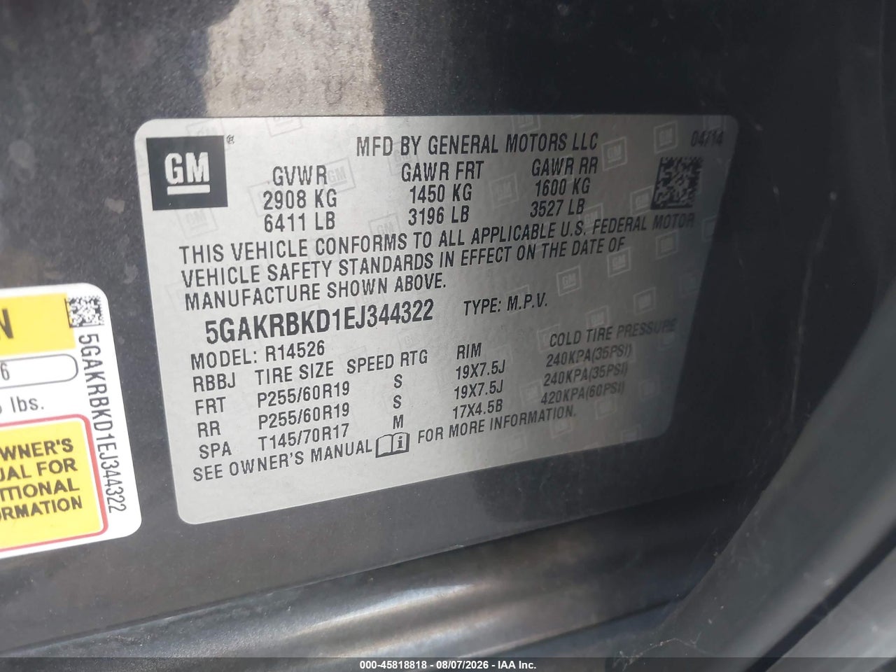 5GAKRBKD1EJ****** · 2014 BUICK ENCLAVE LEATHER · 9/11