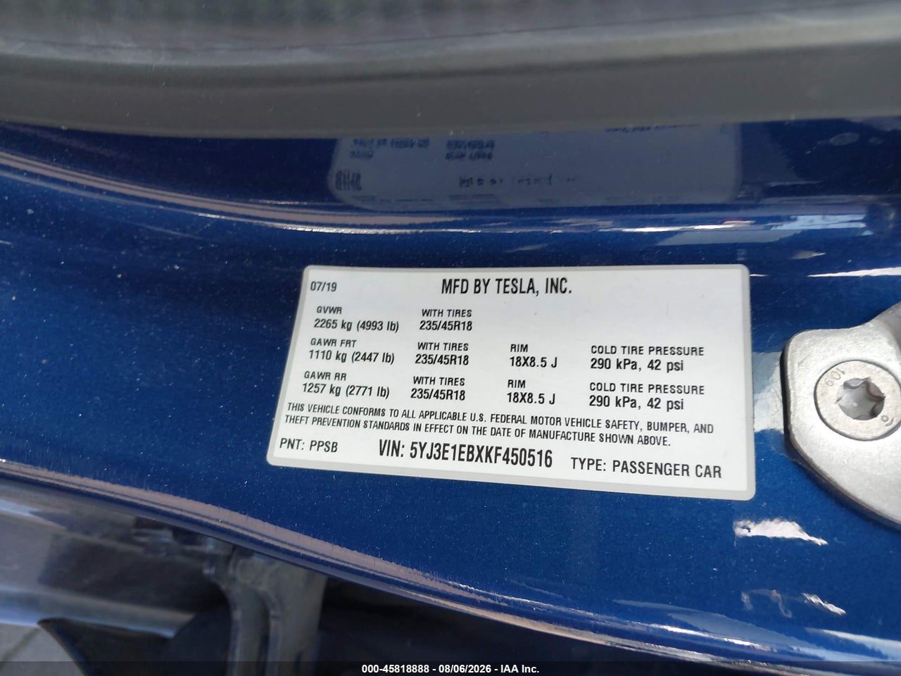 5YJ3E1EBXKF****** · 2019 TESLA MODEL 3 LONG RANGE/PERFORMANCE · 9/11