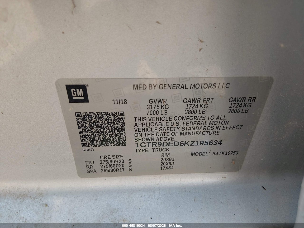 1GTR9DED6KZ****** · 2019 GMC SIERRA 1500 SLT · 9/11