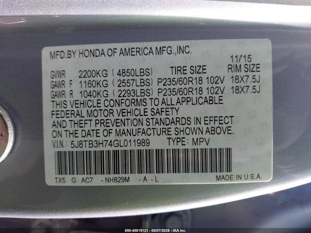 5J8TB3H74GL****** · 2016 ACURA RDX ADVANCE PACKAGE · 9/11