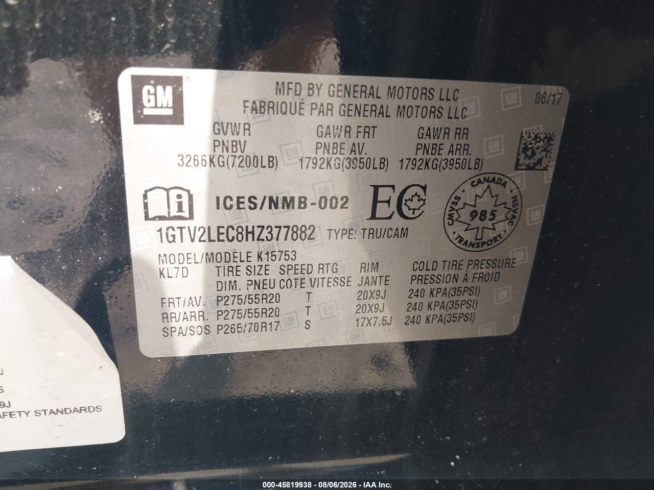 1GTV2LEC8HZ****** · 2017 GMC SIERRA 1500   · 9/11