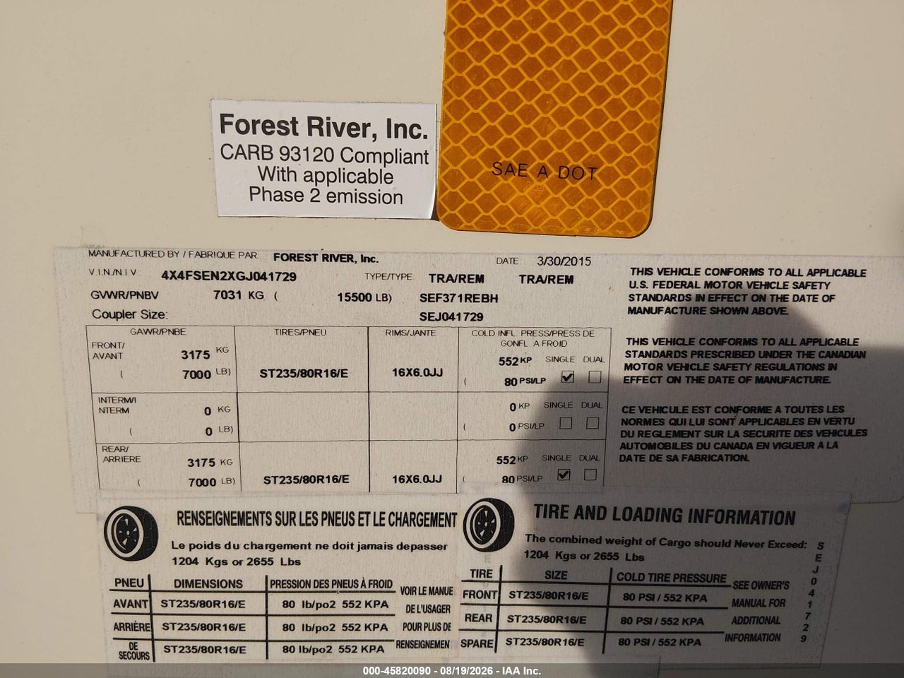 4X4FSEN2XGJ****** · 2016 FOREST RIVER SIERRA 371 REBH · 9/10