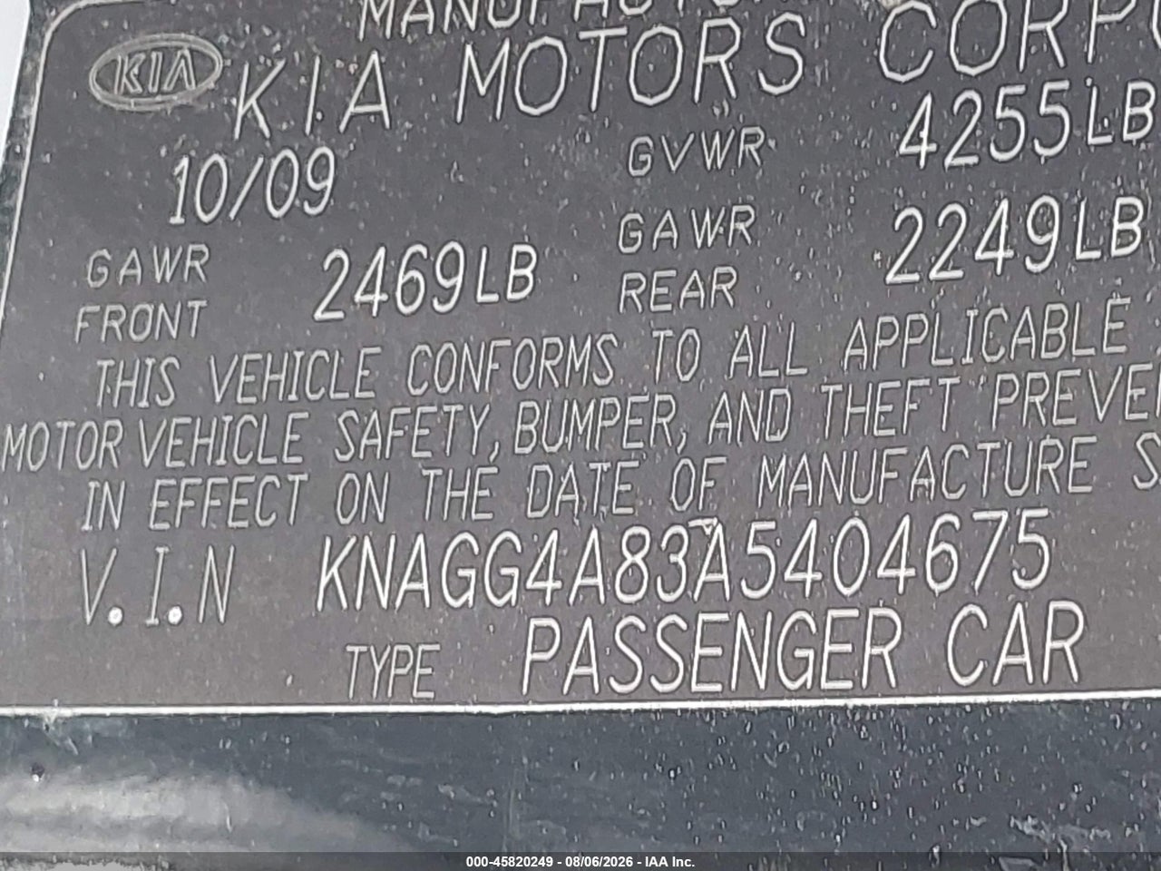 KNAGG4A83A5****** · 2010 KIA OPTIMA LX · 9/11