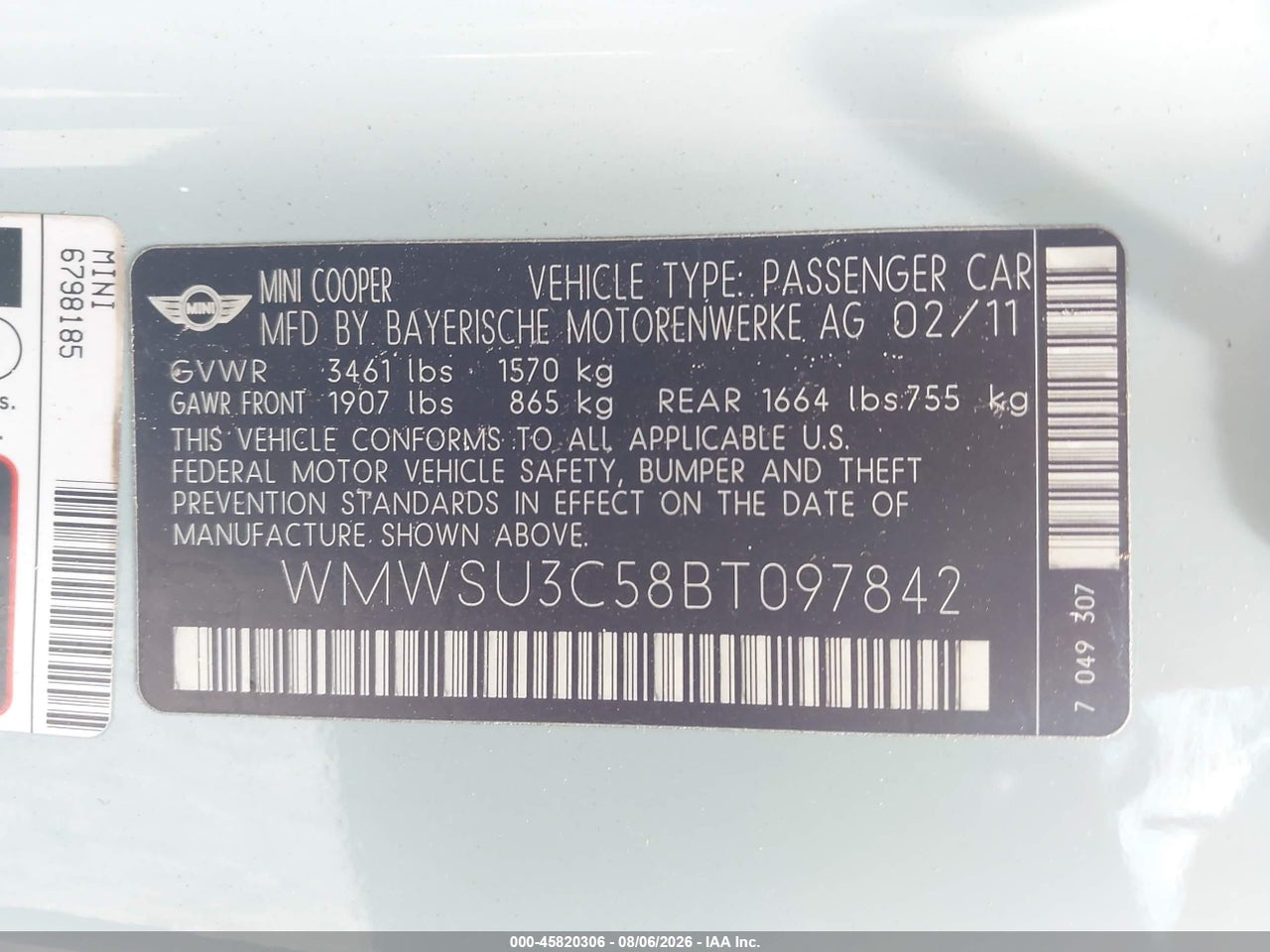 WMWSU3C58BT****** · 2011 MINI COOPER · 9/11