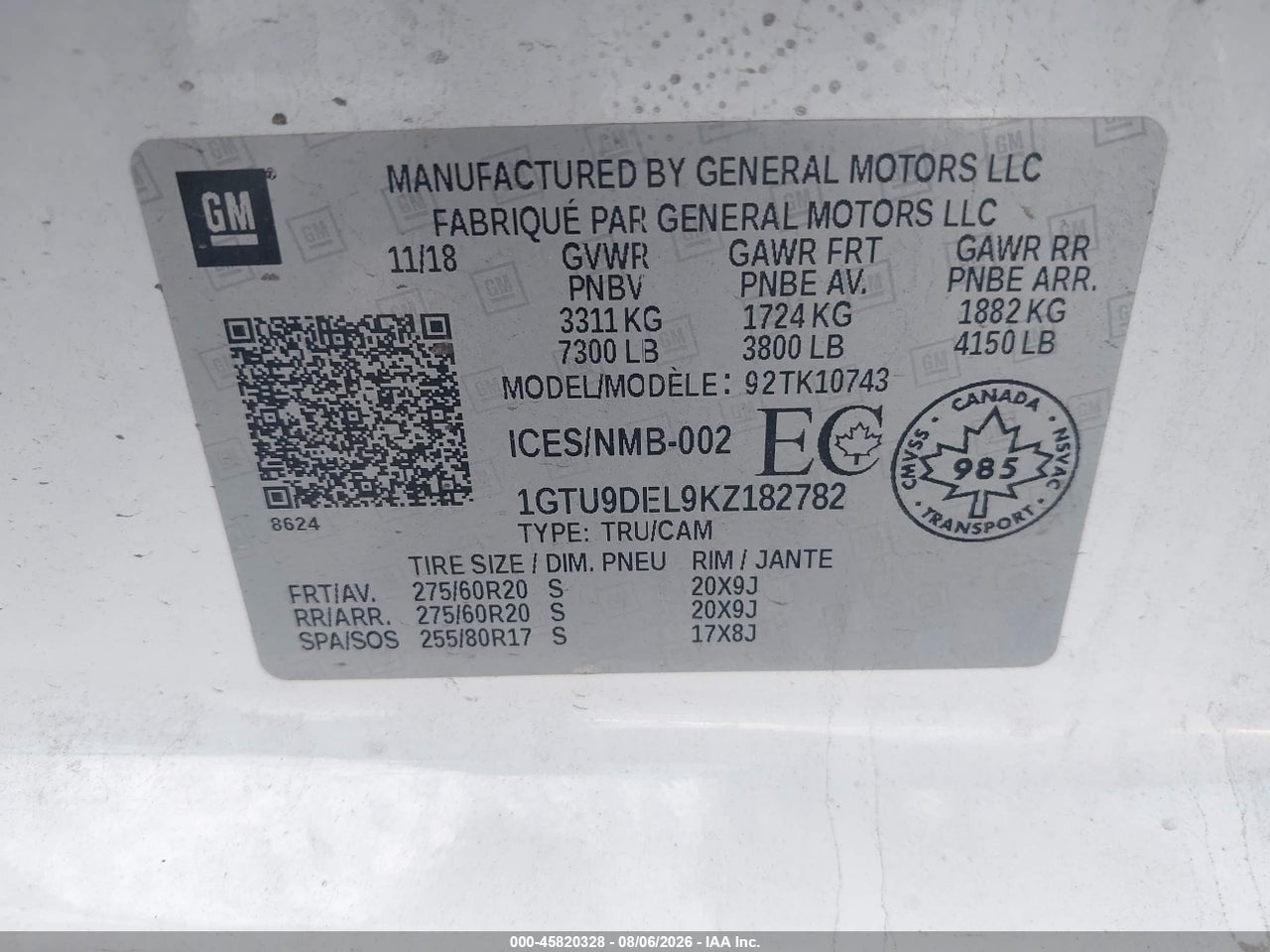 1GTU9DEL9KZ****** · 2019 GMC SIERRA 1500 SLT · 9/11