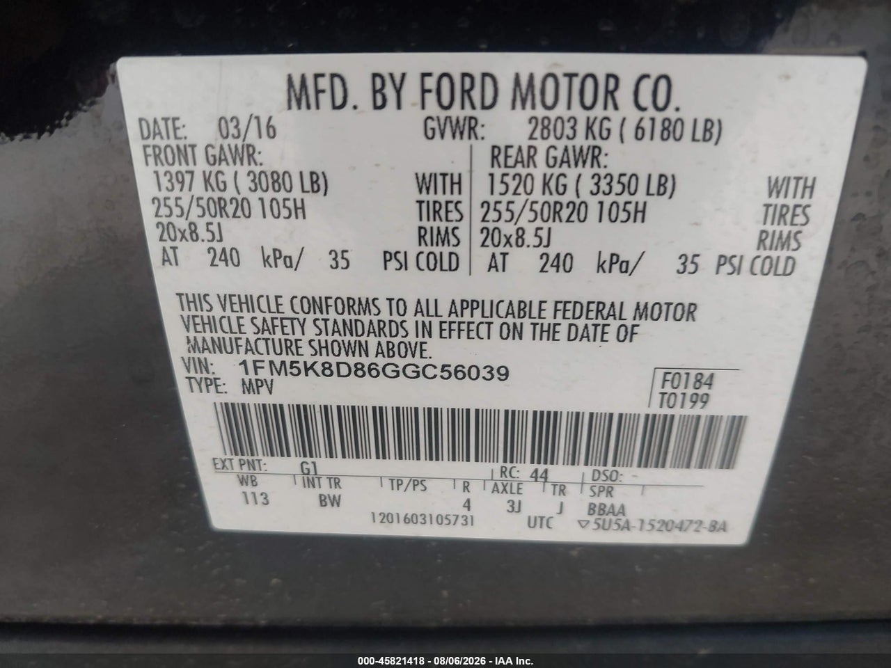 1FM5K8D86GG****** · 2016 FORD EXPLORER XLT · 9/11