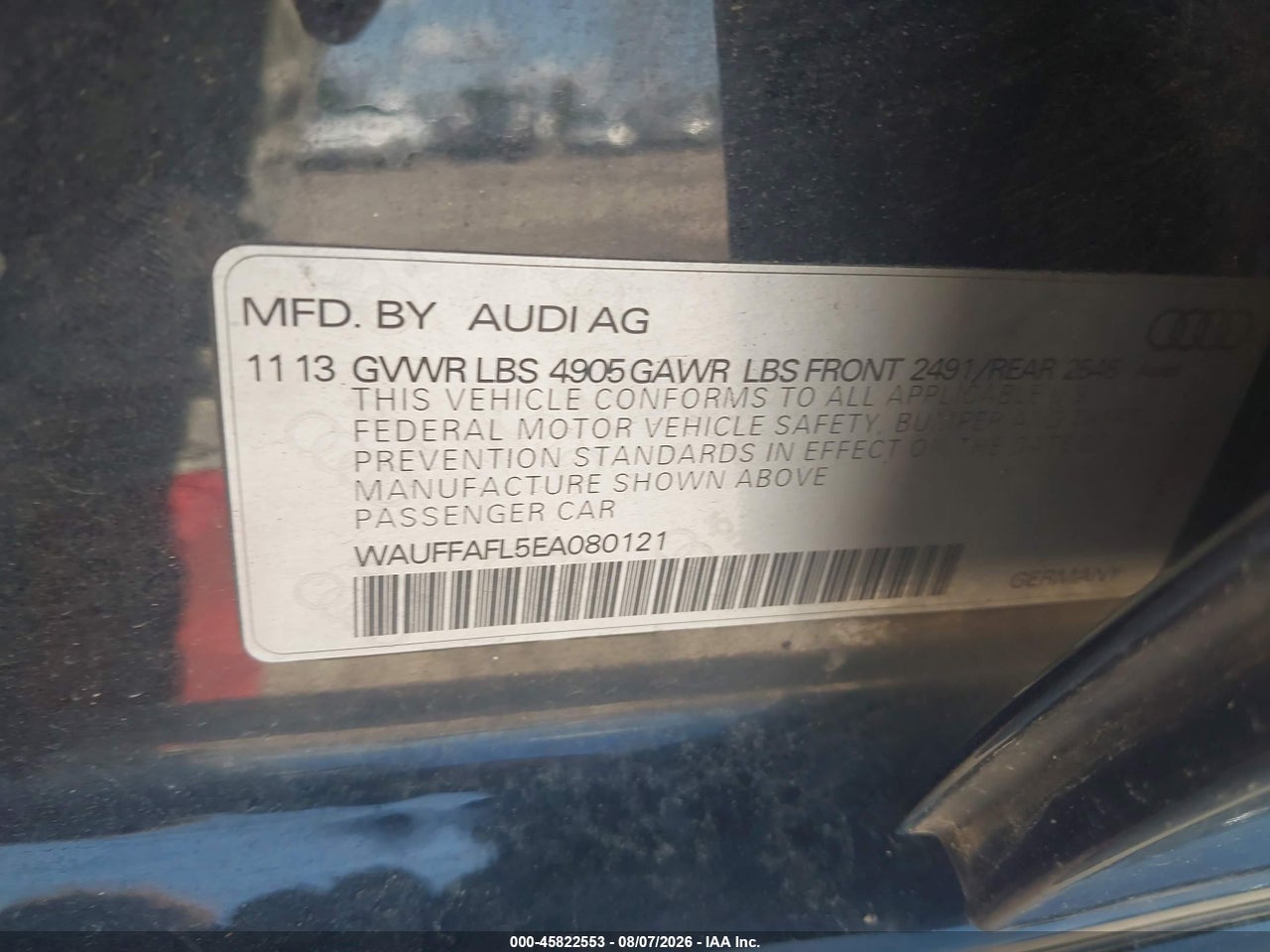 WAUFFAFL5EA****** · 2014 AUDI A4 2.0T PREMIUM · 9/11