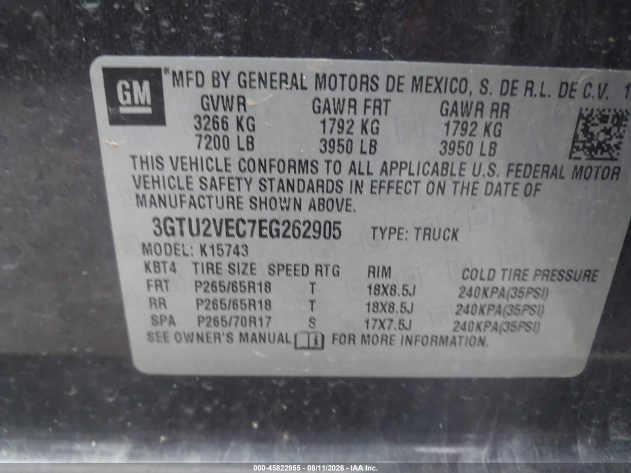 3GTU2VEC7EG****** · 2014 GMC SIERRA 1500 SLT · 9/11