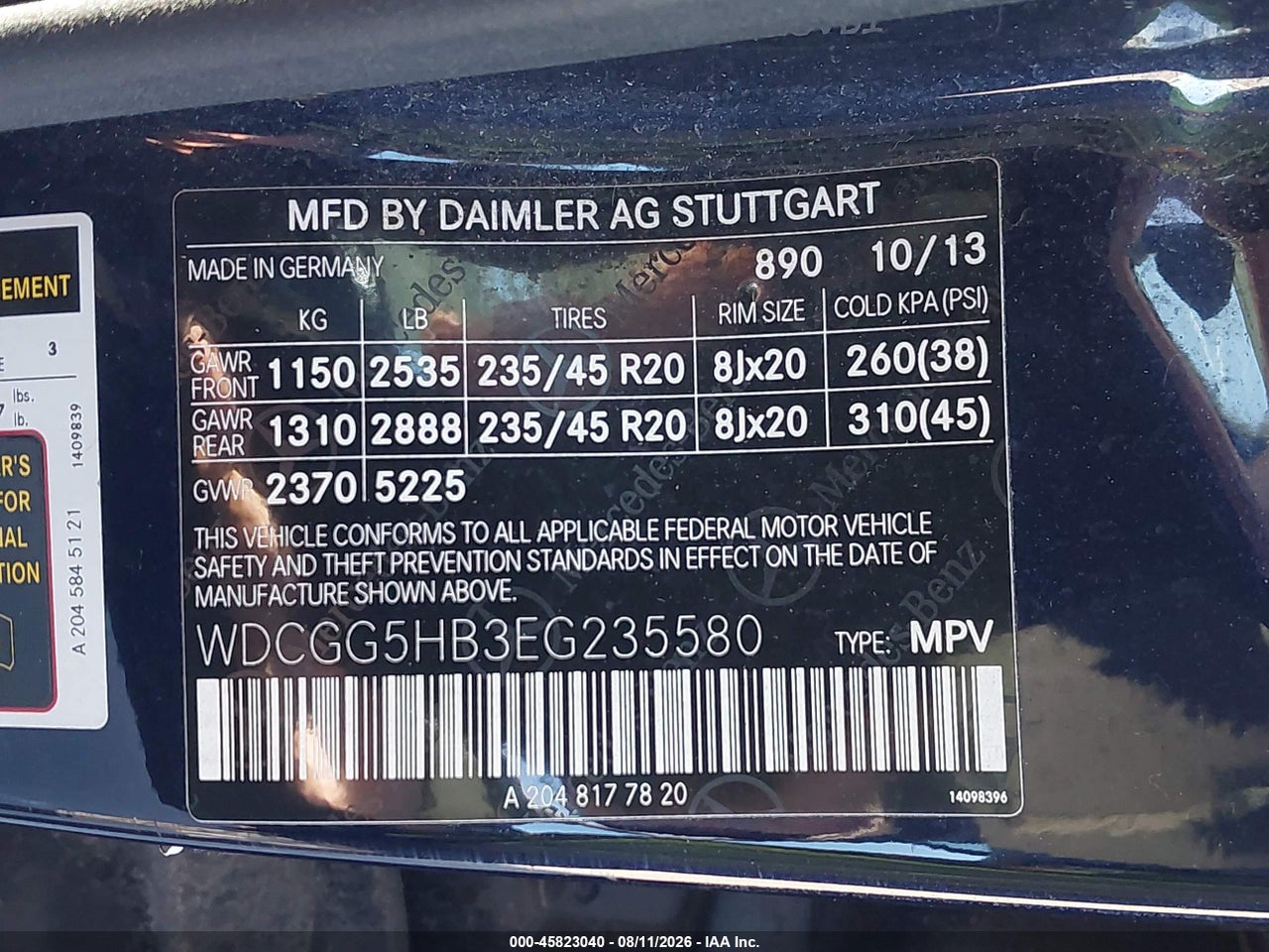 WDCGG5HB3EG****** · 2014 MERCEDES-BENZ GLK 350   · 9/11
